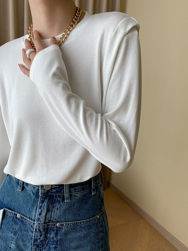Solid Color Split-Joint Long Sleeves Round-Neck T-Shirts Tops