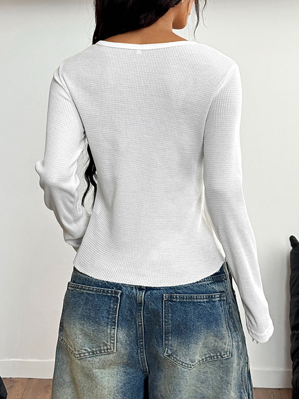 Buttoned Solid Color Long Sleeves Skinny Round-neck Blouses&shirts Tops
