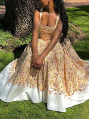 Buttoned Flower Print Pleated A-Line High Waisted Spaghetti-Neck Maxi Dresses