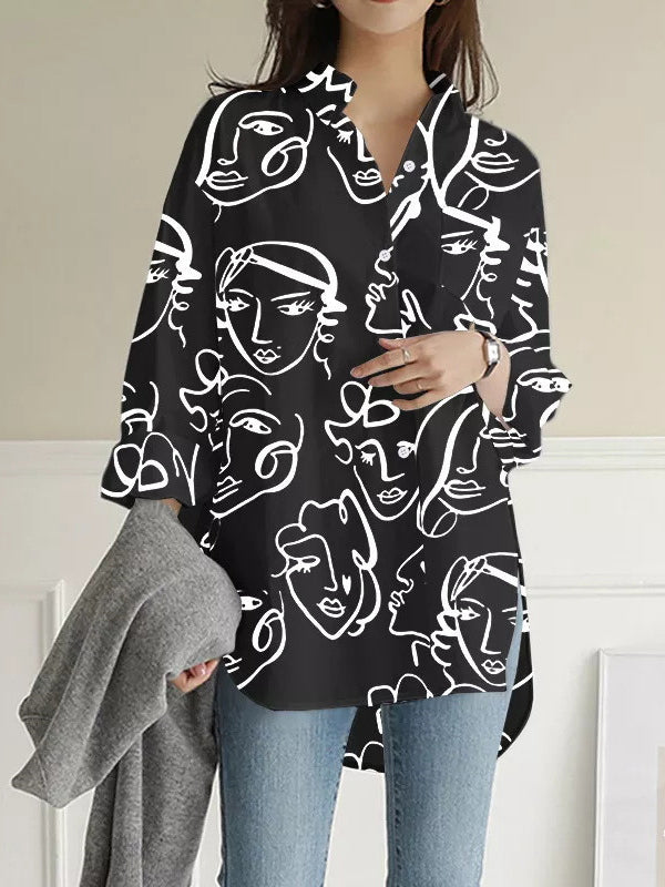 Buttoned Figure Pockets Split-Side High-Low Long Sleeves Lapel Blouses&Shirts Tops