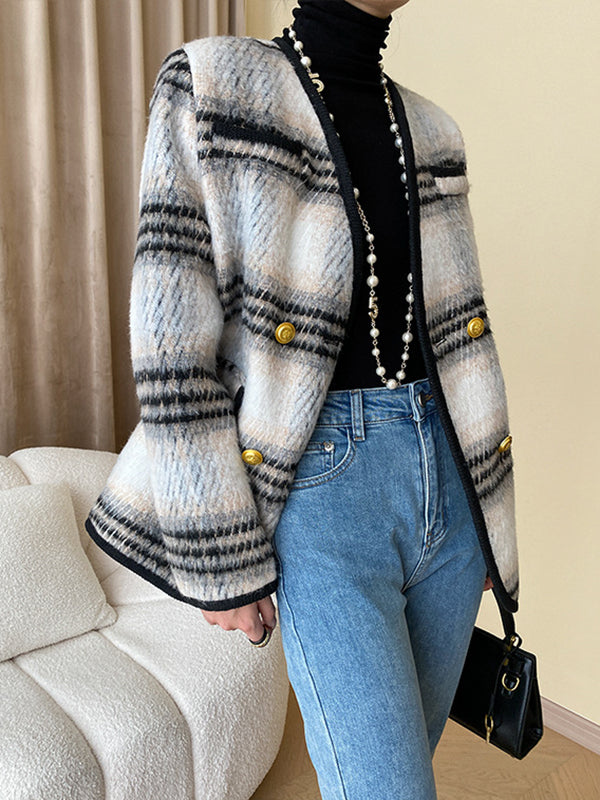 Buttoned Contrast Color Plaid Long Sleeves V-Neck Outerwear Jackets