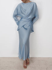 Loose Solid Color Split-Joint Boat Neck Long Sleeves Blouse & Shirt + Skirt Two Pieces Set