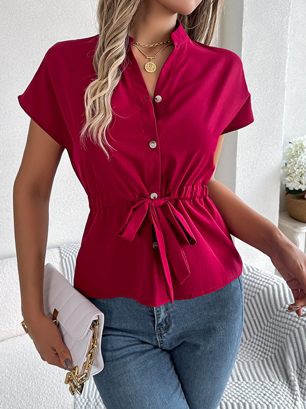 Buttoned Comfort Solid Color Tied Waist Short Sleeves Stand Collar Blouses&Shirts Tops