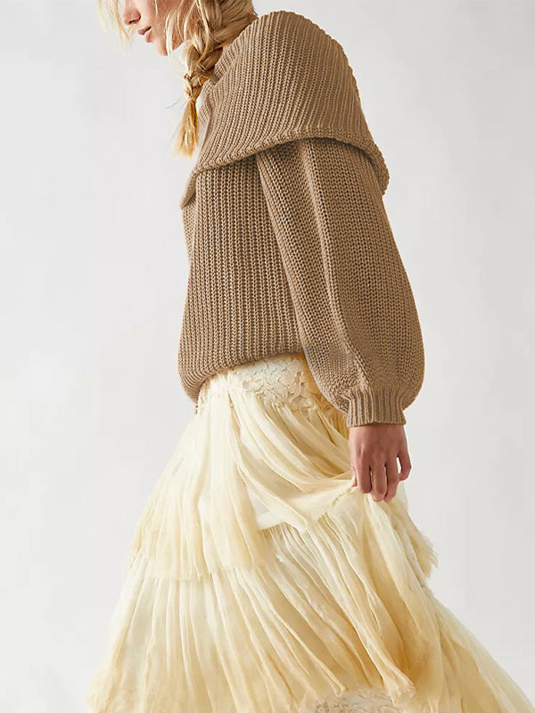 Solid Color Split-Joint Long Sleeves Loose Round-Neck Sweater Tops
