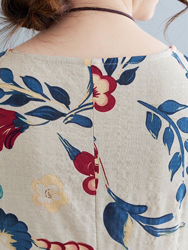 Floral Printed Loose Sleeveless Round-Neck Maxi Dresses