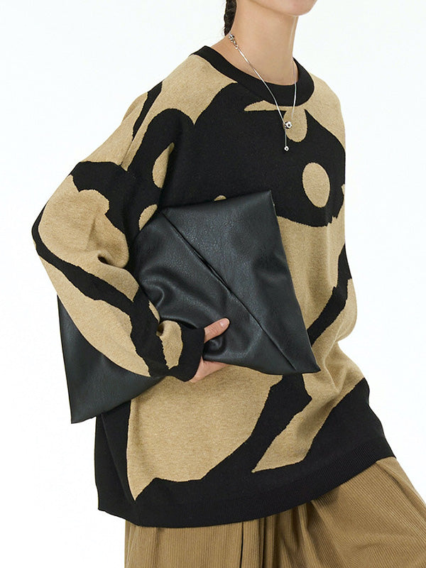 Contrast Color Velvet Long Sleeves Loose Round-Neck Sweater Tops Pullovers