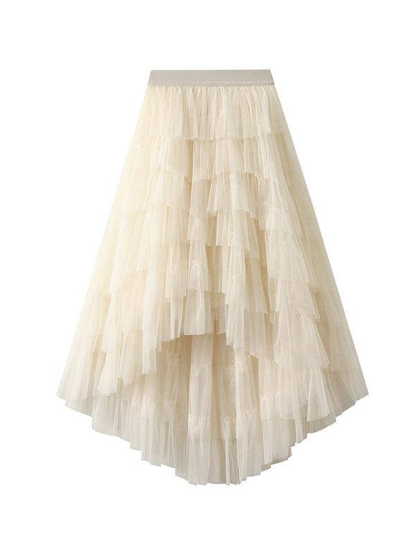 Contrast Color Elasticity Gauze Gradient Pleated Split-Joint Tiered A-Line High-Low Skirts