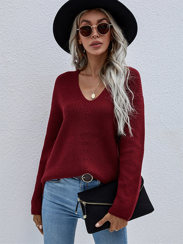 Casual Loose Solid Color V-Neck Sweater Tops