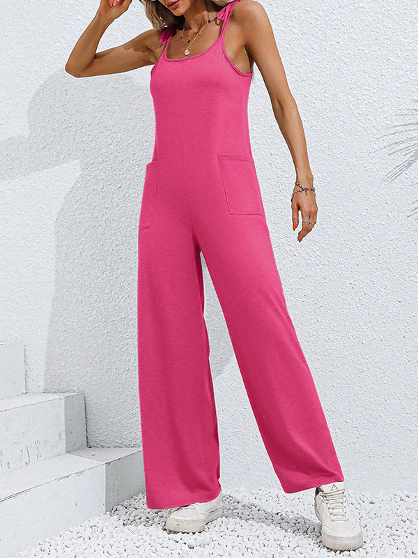 Pockets Solid Color Tied High Waisted Sleeveless Spaghetti-Neck Jumpsuits