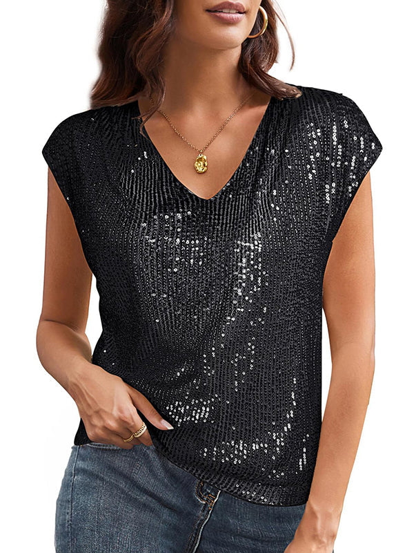 Sequined Shiny Batwing Sleeves Loose V-Neck T-Shirts Tops