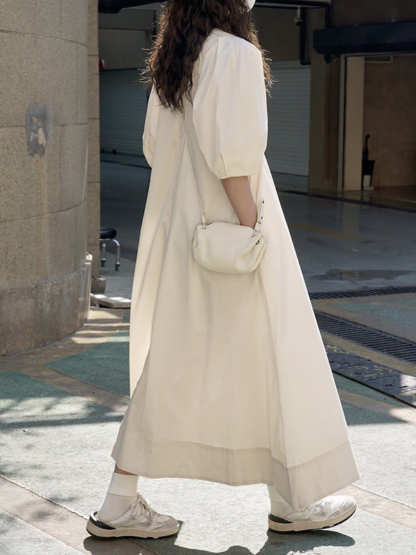 Solid Color Loose Puff Sleeves Round-Neck Midi Dresses