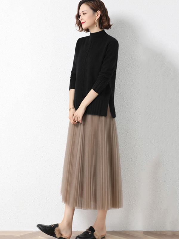 Loose Split-Side Solid Color Half Turtleneck Sweater Tops