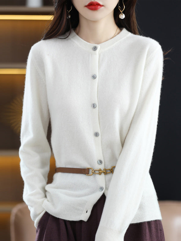 Buttoned Elasticity Long Sleeves Round-Neck Knitwear Cardigan Tops