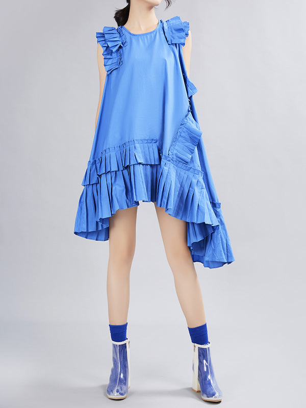 Asymmetric Pleated Solid Color Split-Joint Flying Sleeves Loose Round-Neck Midi Dresses