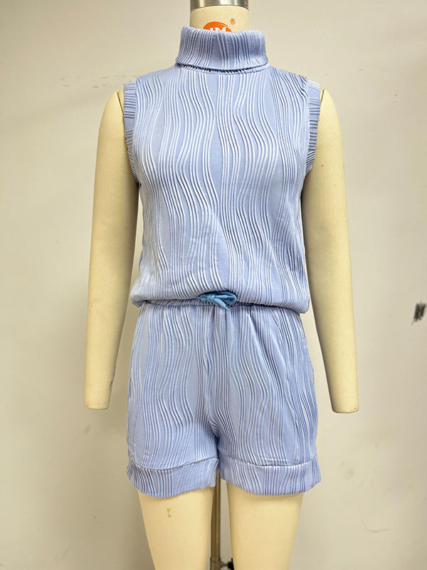 High Neck Loose Sleeveless Drawstring Jacquard Solid Color Split-Joint Vest Top + Pockets Shorts Bottom Two Pieces Set
