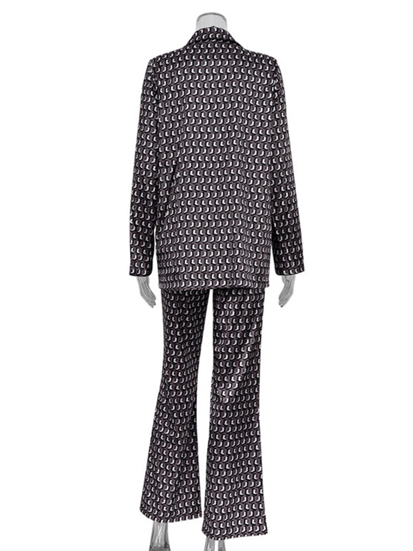 Printed Long Sleeves Lapel Outwear Top + Flared Trousers Bottom Two Pieces Set