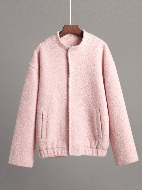 Buttoned Elasticity Pockets Solid Color Split-Joint Long Sleeves Loose Stand Collar Outerwear Jackets