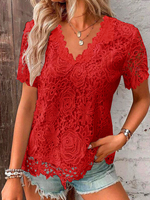 Embroidered Hollow Solid Color Split-Joint Loose Plus Size V-Neck T-Shirts Tops