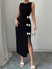 Bowknot Split-Side Bodycon High Waisted Round-Neck Midi Dresses