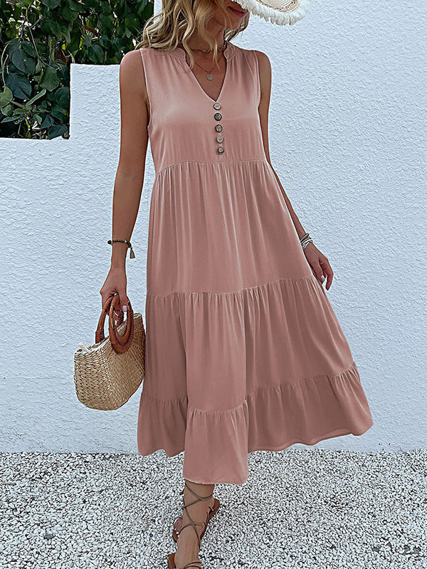 Pleated Split-Joint Loose Sleeveless V-Neck Midi Dresses
