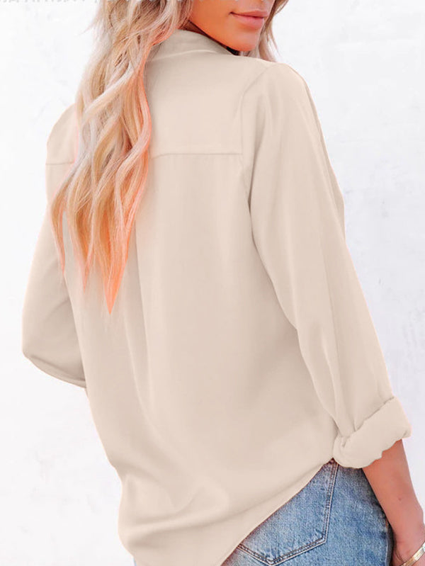 Urban Simple Long Sleeves Solid Color Lapel Blouses Top