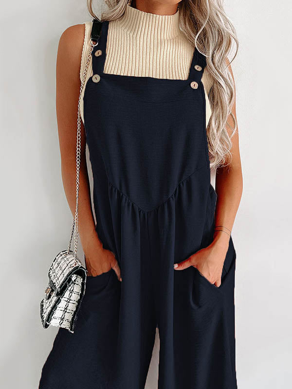 Buttoned Pleated Pockets High Waisted Loose Overalls