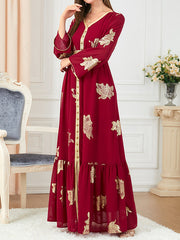 Pleated Printed Split-Front Split-Joint Tied Waist Long Sleeves Loose V-Neck Maxi Dresses