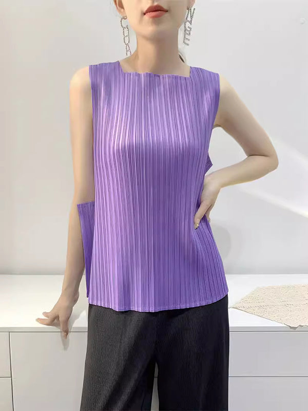 Pleated Solid Color Split-Joint Loose Sleeveless Square-Neck Vest Top