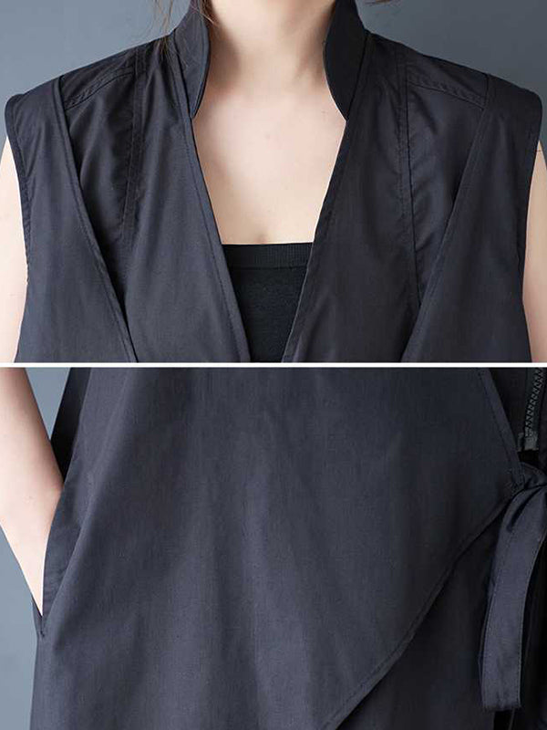 Pockets Solid Color Tied Zipper A-Line Loose V-Neck Shirt Dress Midi Dresses