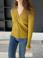 Knot Solid Color Long Sleeves Loose V-Neck Sweater Tops Pullovers