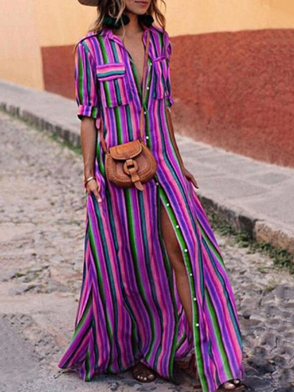 Split-Joint Striped Long Sleeves Loose Lapel Shirt Dress Maxi Dresses