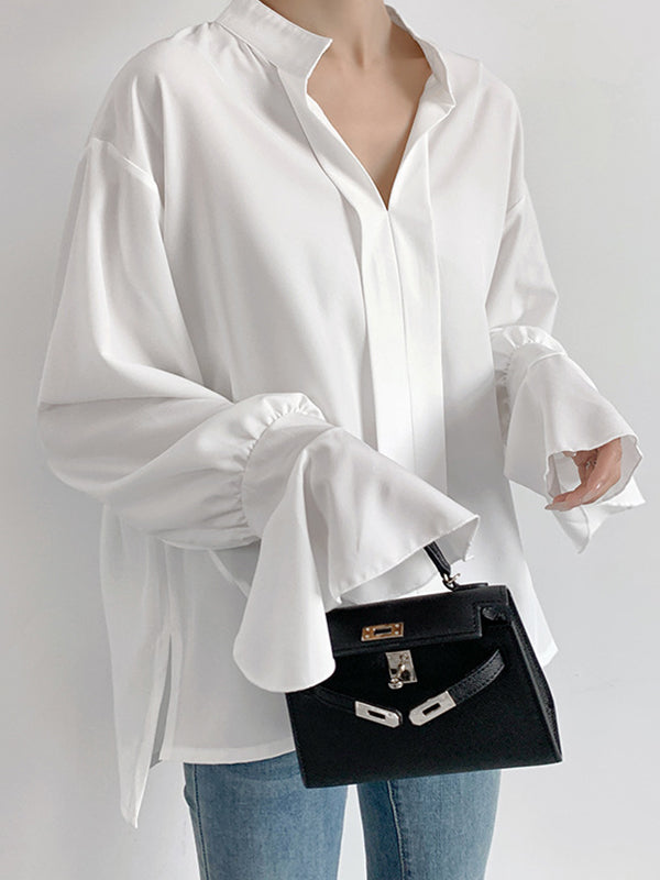 Solid Color Flared Sleeves High-low V-neck Blouses&shirts Tops