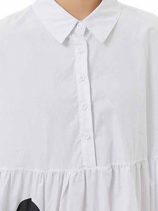 Contrast Color Pleated Split-Joint Loose Short Sleeves Lapel Shirt Dress Midi Dresses