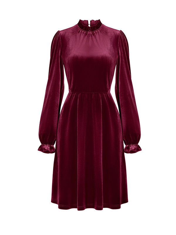 Hollow Ruffled Solid Color Velvet A-Line High Waisted Mock Neck Mini Dresses