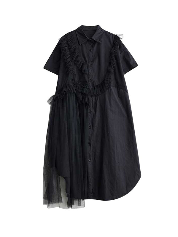 Asymmetric Buttoned Ruffled Solid Color Split-Joint A-Line Half Sleeves Lapel Shirt Dress Midi Dresses