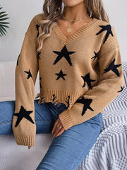 Contrast Color Fringed Split-Joint Long Sleeves Loose V-Neck Sweater Tops