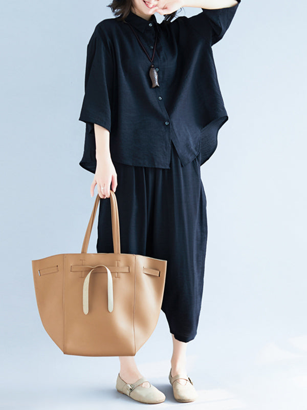 Two-Pieces Black Loose Shirt And Ninth Pants Suit