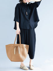 Two-Pieces Black Loose Shirt And Ninth Pants Suit