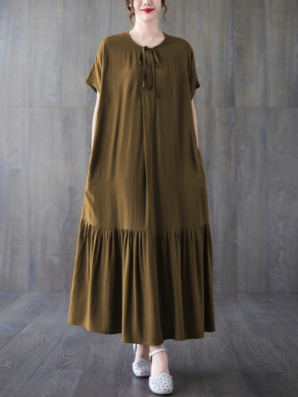 Lace-Up Pleated Solid Color Split-Joint Loose Short Sleeves Round-Neck Midi Dresses