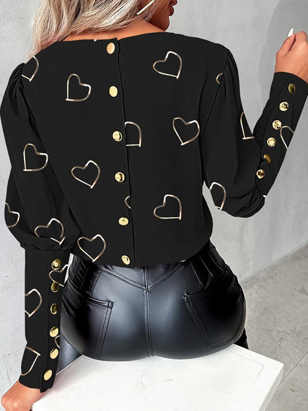 Contrast Color Heart Print Loose Blouses&Shirts Tops