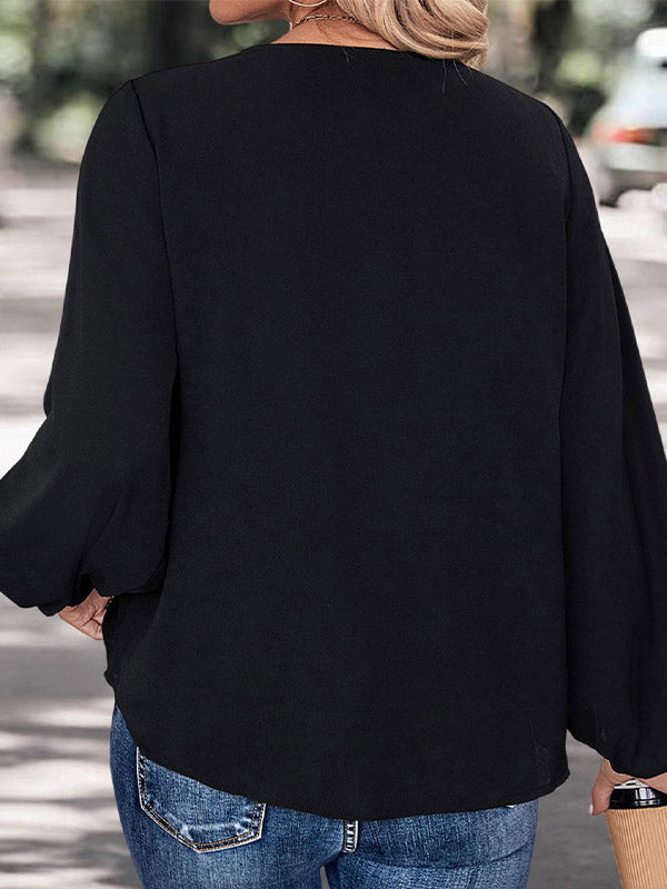 Elasticity Leopard Split-Joint Long Sleeves Loose V-Neck Blouses&Shirts Tops