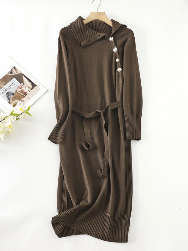 Urban Loose Long Sleeves Buttoned Bandage High-Neck Sweater Dresses
