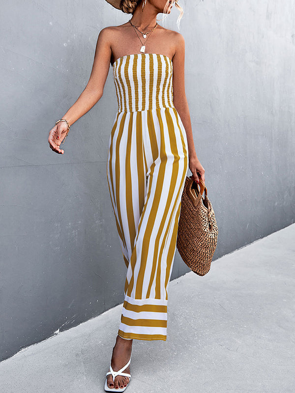 Contrast Color Elasticity Striped Loose Sleeveless Tube Jumpsuits