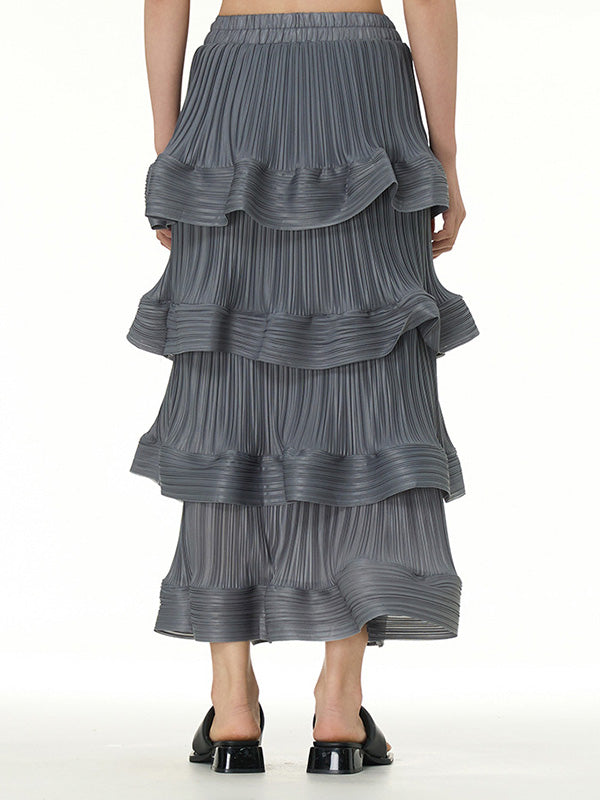 Elasticity Layered Pleated Ruffled Solid Color Loose Skirts Bottoms