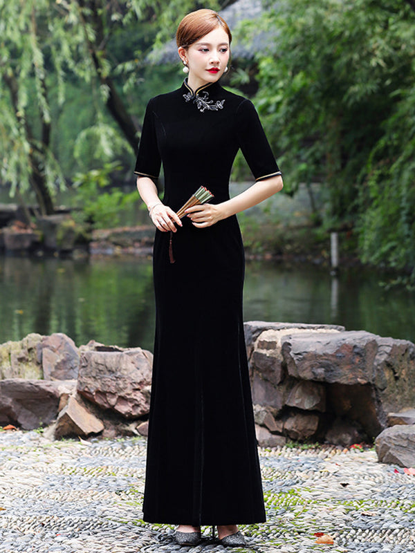 Original Applique Pleuche Stand Collar Half Sleeves Long Cheongsams