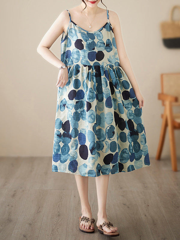 Pleated Printed Split-Joint Loose Sleeveless Spaghetti-Neck Midi Dresses