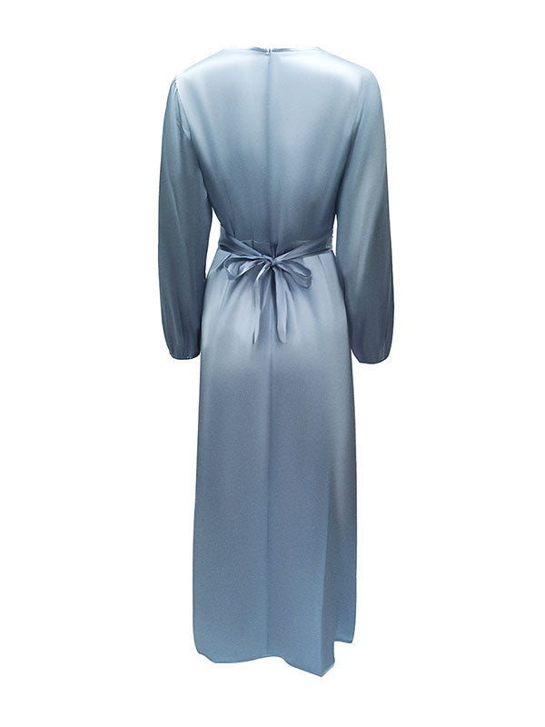 High-Waisted Solid Color Tied Waist Zipper Wrap Round-neck Maxi Dresses