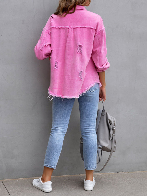 Fringed Pockets Long Sleeves Loose Lapel Outerwear