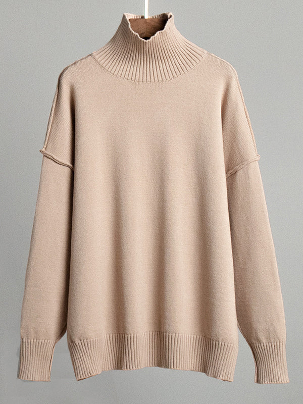 Solid Color Split-Joint Long Sleeves Loose High Neck Sweater Tops Pullovers