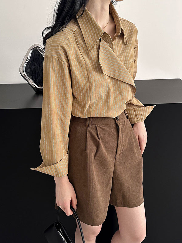 Asymmetric Split-Joint Striped Long Sleeves Loose Lapel Blouses
